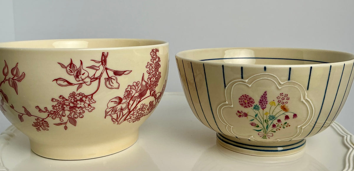 Potter’s Studio Fine Ceramic Bowl - Red Allover Floral & Striped Panel Variants New , stripped 6”x3” floral 6”x 3.5” toile embossed farmhouse