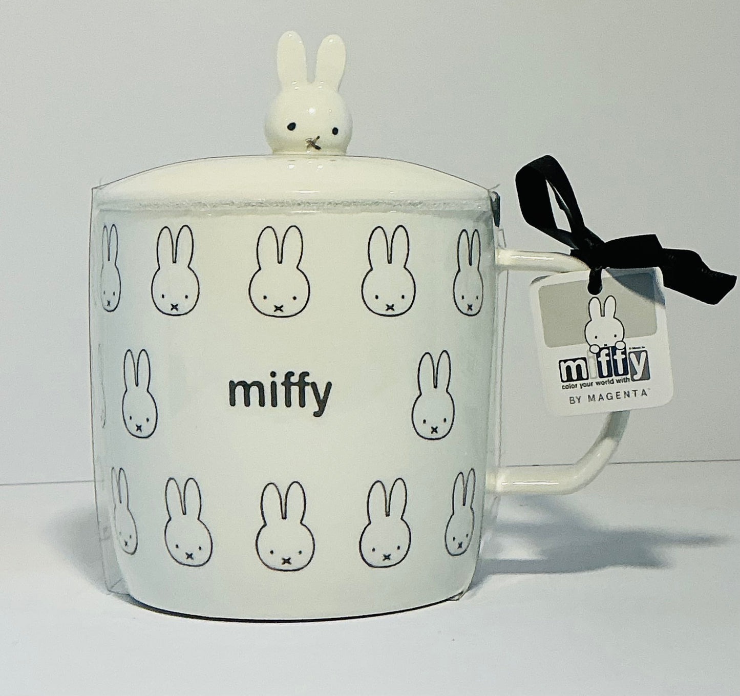 MIFFY By Magenta White and Gray Ceramics Bunny faces 4” Mug with lid , 16oz