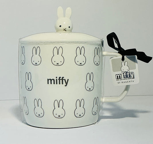 MIFFY By Magenta White and Gray Ceramics Bunny faces 4” Mug with lid , 16oz