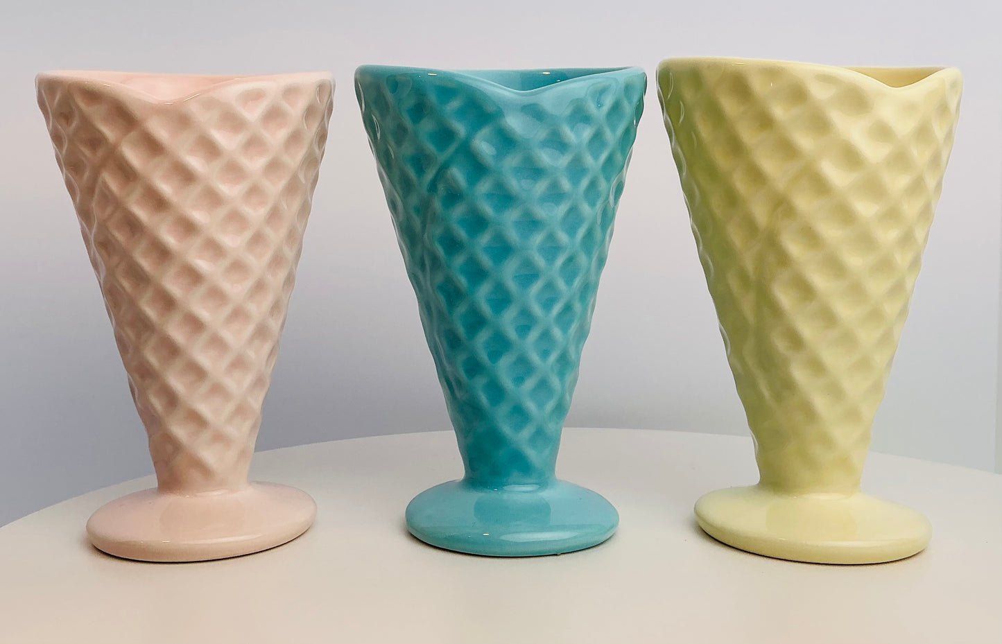 Pastel Ice Cream Sundae Cup OR Waffle Texture Glass Made in Portugal Pink Blue Yellow 4.75”
