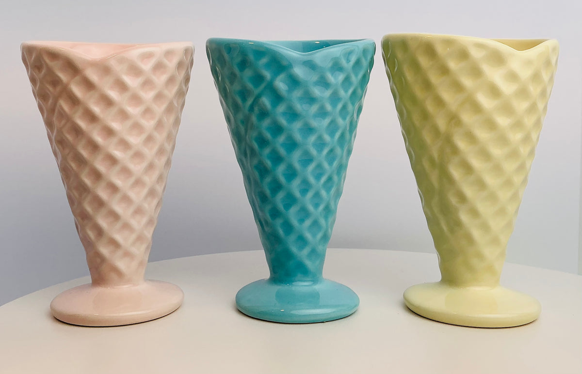 Pastel Ice Cream Sundae Cup OR Waffle Texture Glass Made in Portugal Pink Blue Yellow 4.75”