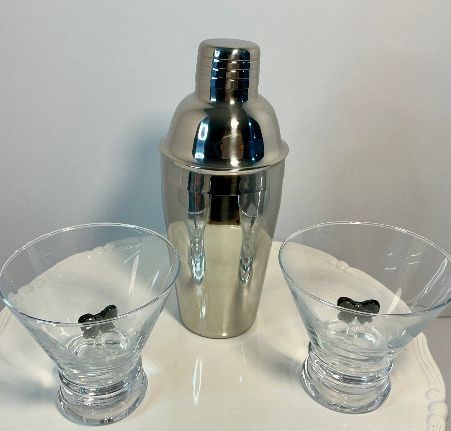 Dress your Drink, Set of 2 Stemless Martini Glasses and a Cocktail Shaker- Coquette Aesthetic Black