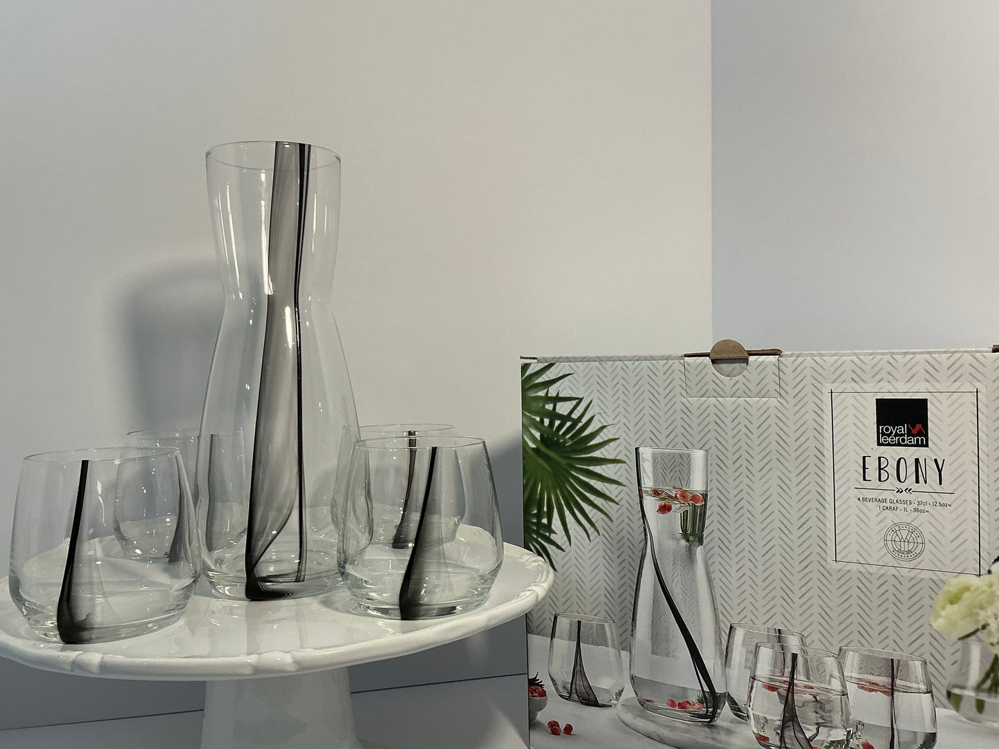 Royal Leedarm Ebony Decanter and Water Glass Set , characterized by a Unique Black Waves Design, carafe and 4 drinking glasses 12.5oz