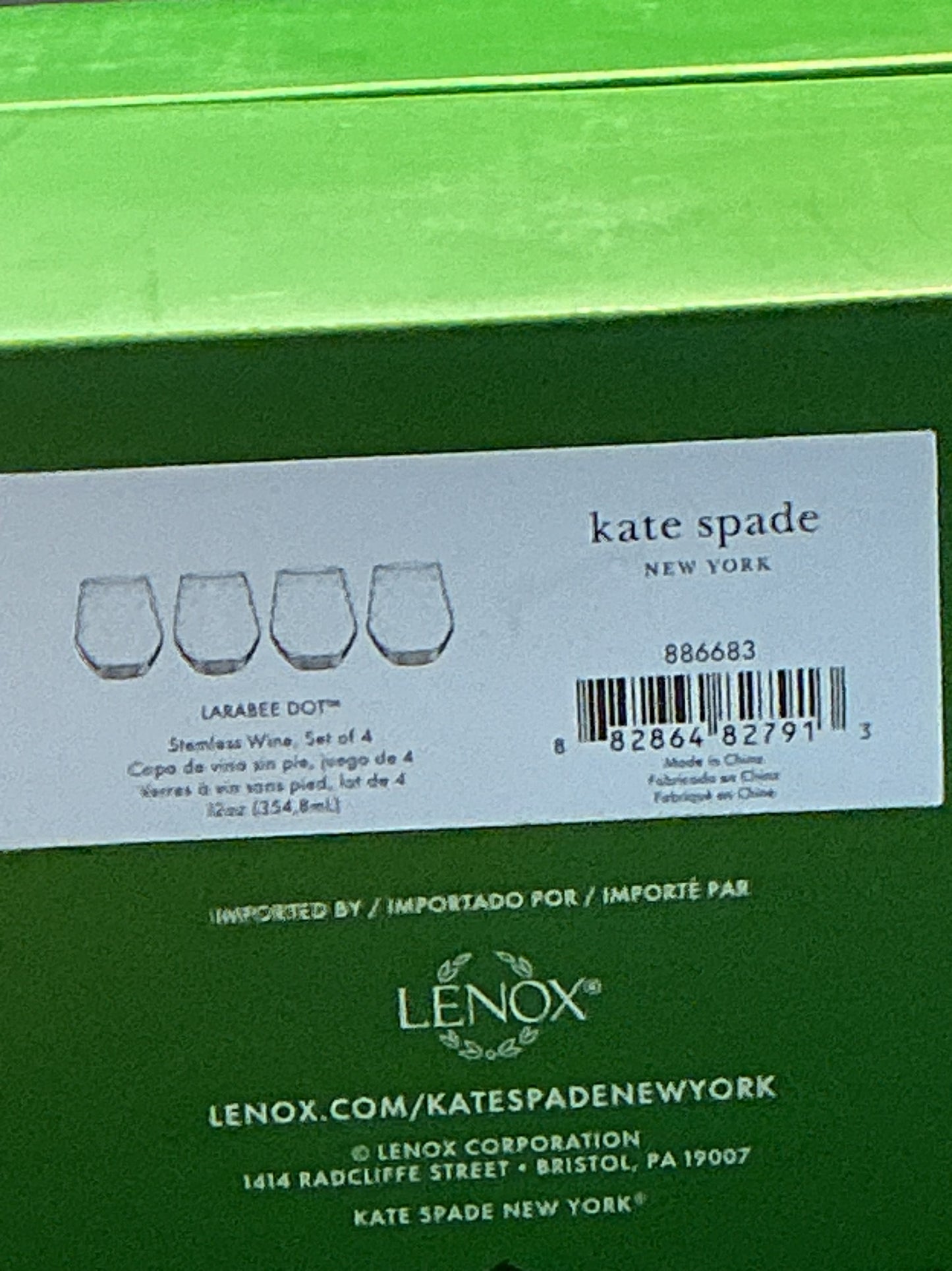 Lenox Kate Spade Larabee Dot Stemless Wine Glasses 12oz