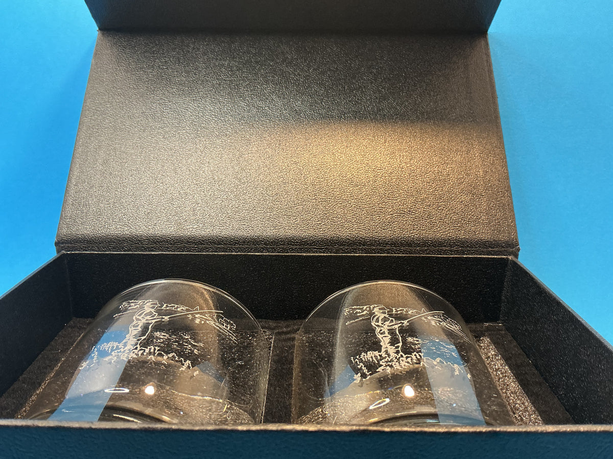 Selbrae House glass tumblers with Fishing Themed Etching of a person fly fishing set of 2 made in Scotland