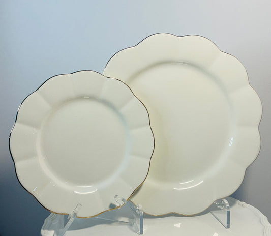 Grace’s Teaware White Gold Scallop Porcelain Set of 2 Plates ( 1 Dinner 10.5” & 1 Salad 8”)