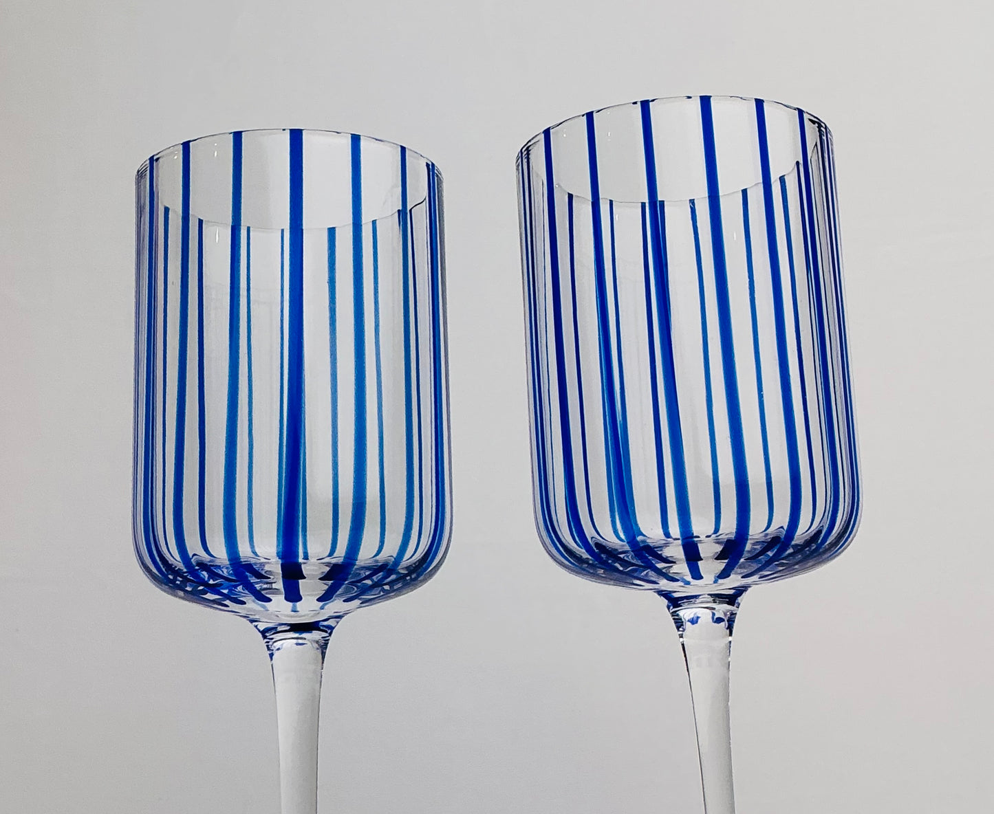 Qualia Glass Blue Striped “Posh” Wine Glasses-Set of 2- Hand-Blown Crystal 9”H