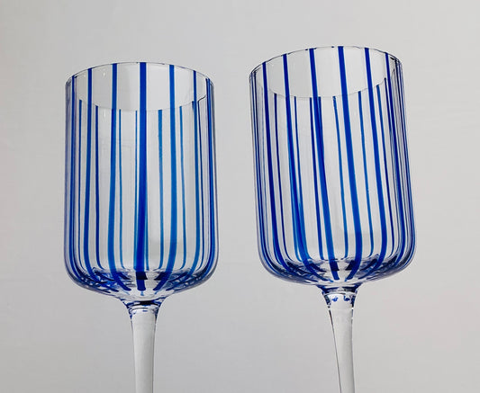 Qualia Glass Blue Striped “Posh” Wine Glasses-Set of 2- Hand-Blown Crystal 9”H