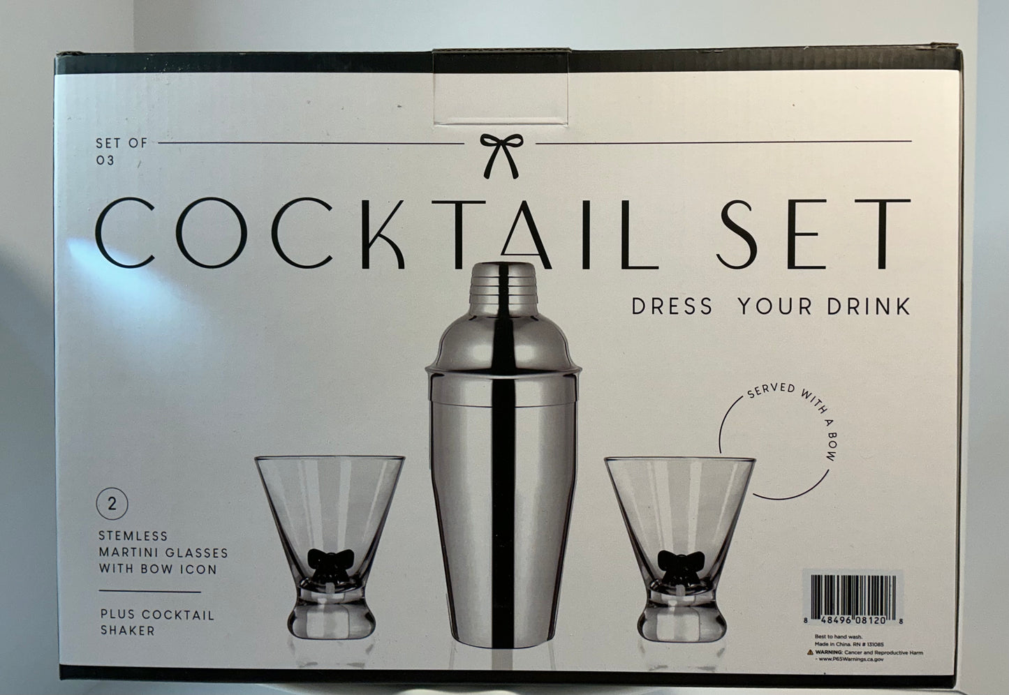 Dress your Drink, Set of 2 Stemless Martini Glasses and a Cocktail Shaker- Coquette Aesthetic Black