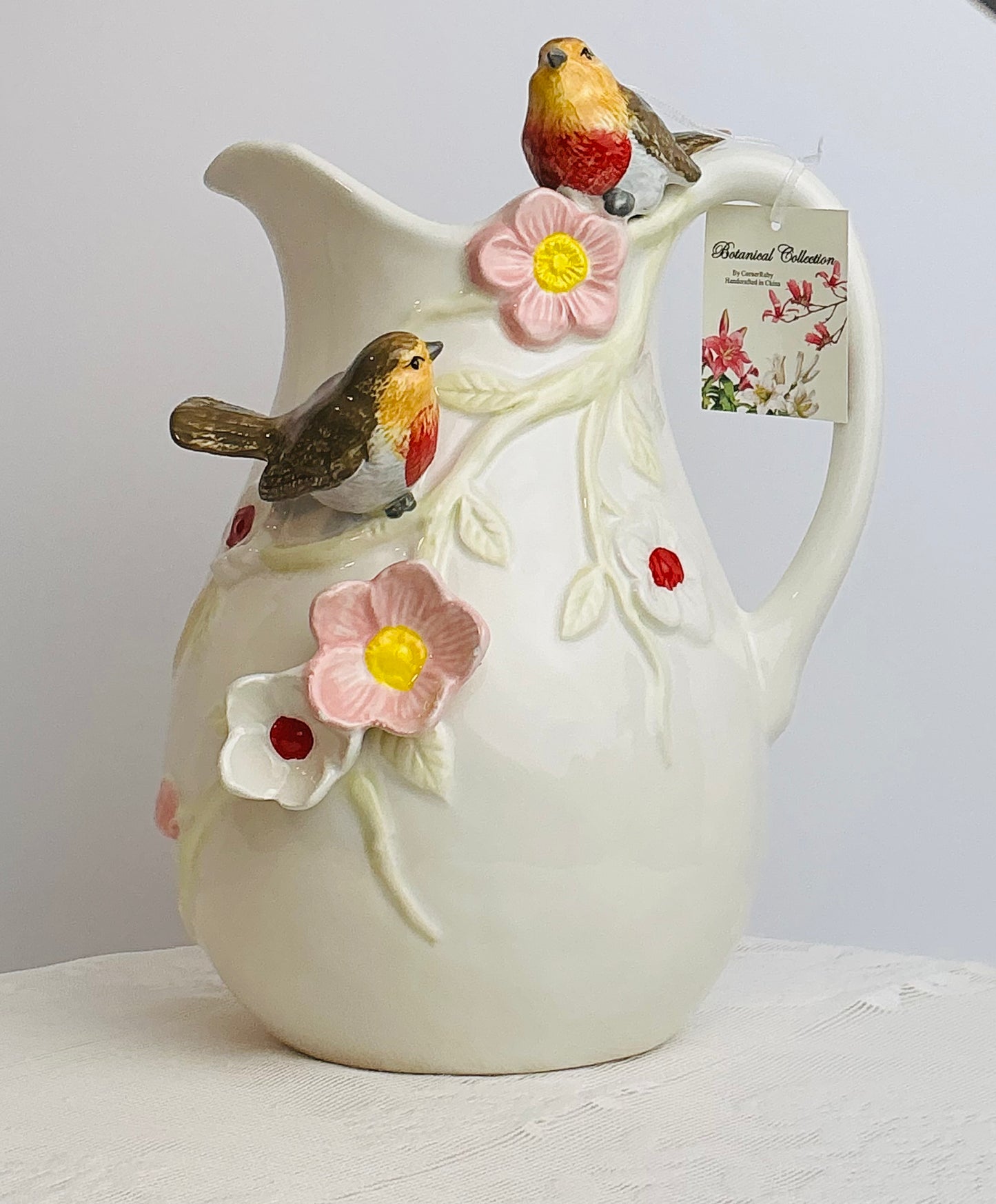 CornerRuby Ceramic Robin Bird Pitcher | 3D Sculpted Flowers & Robins | Cream Decorative Jug 9"