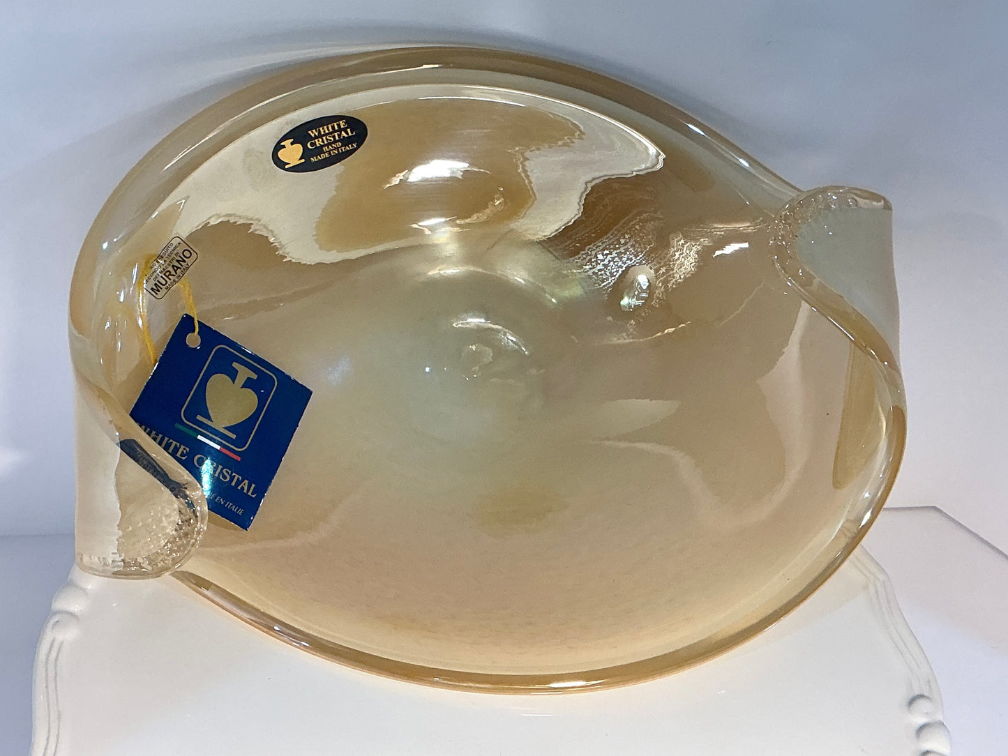 Vintage Murano "White Crystal " centerpiece bowl made in Italy, handcrafted design and signature labels, 11”x3.5”