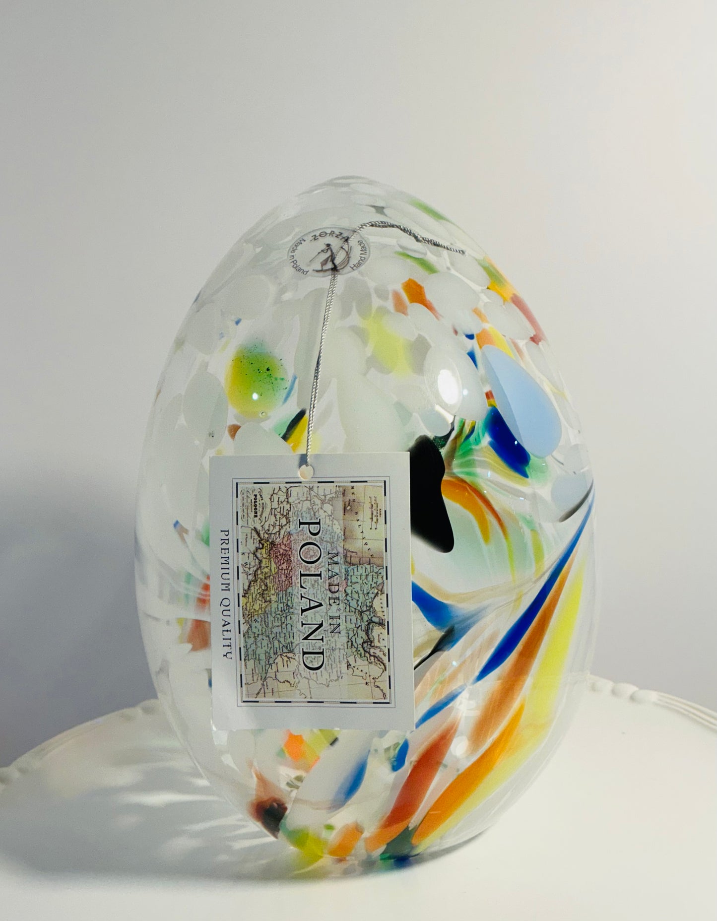 Hand blown Zorza egg tea light multicolor marine glasses, 9” Made in Poland