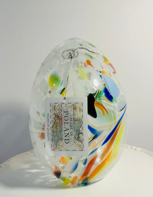Hand blown Zorza egg tea light multicolor marine glasses, 9” Made in Poland