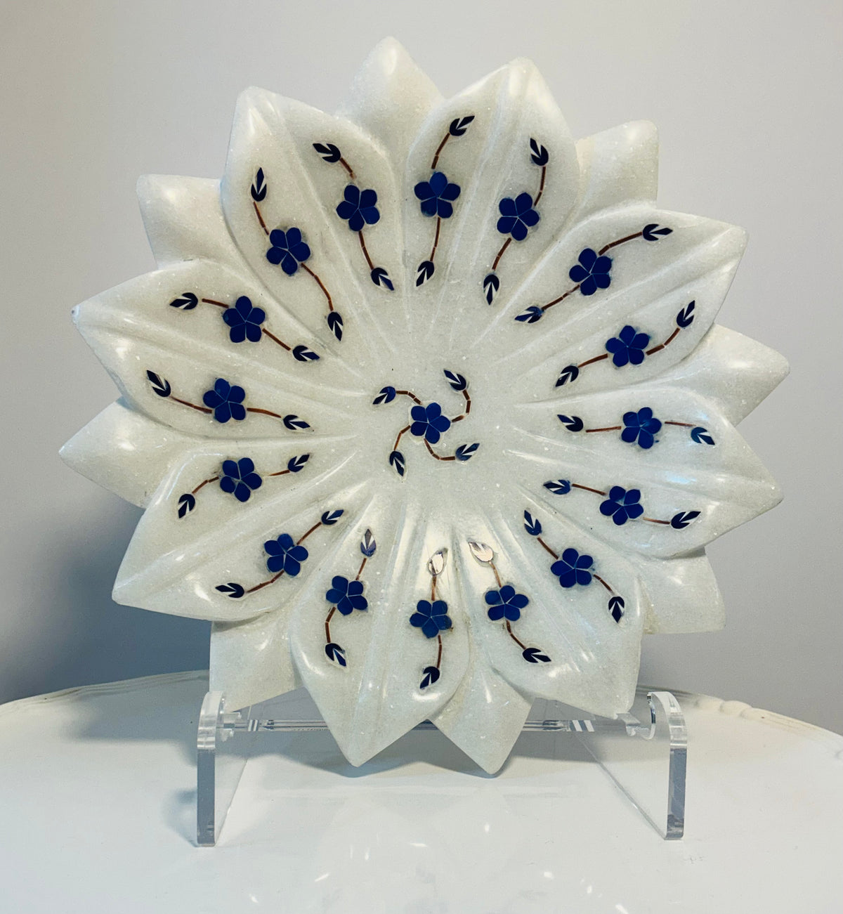 Lotus Inlay Marble Plate or Kamal Plate 9” Hand-Carved White Marble Bowl with Floral Lapis & Semi-Precious Stone Inlay Made in India