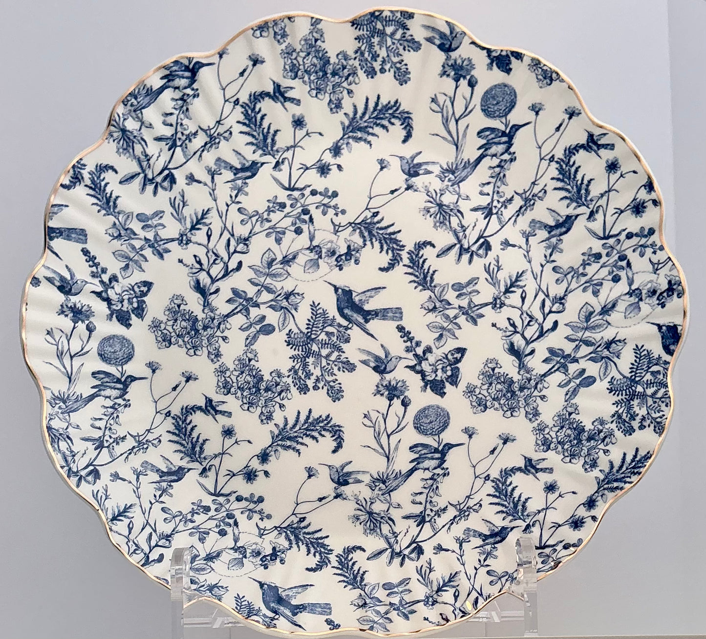 Grace Teaware Blue & White Botanical Bird Toile Dinner or Salad/Dessert Plate – Fine Porcelain