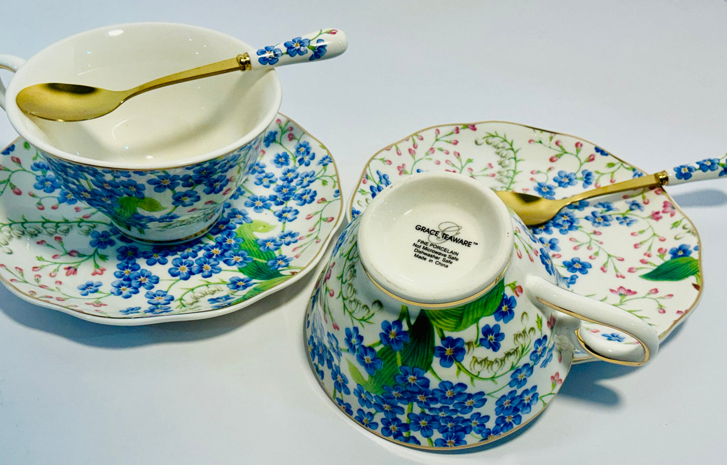 Grace’s Teaware Fine Porcelain 7 pcs Set Blue,Pink Floral