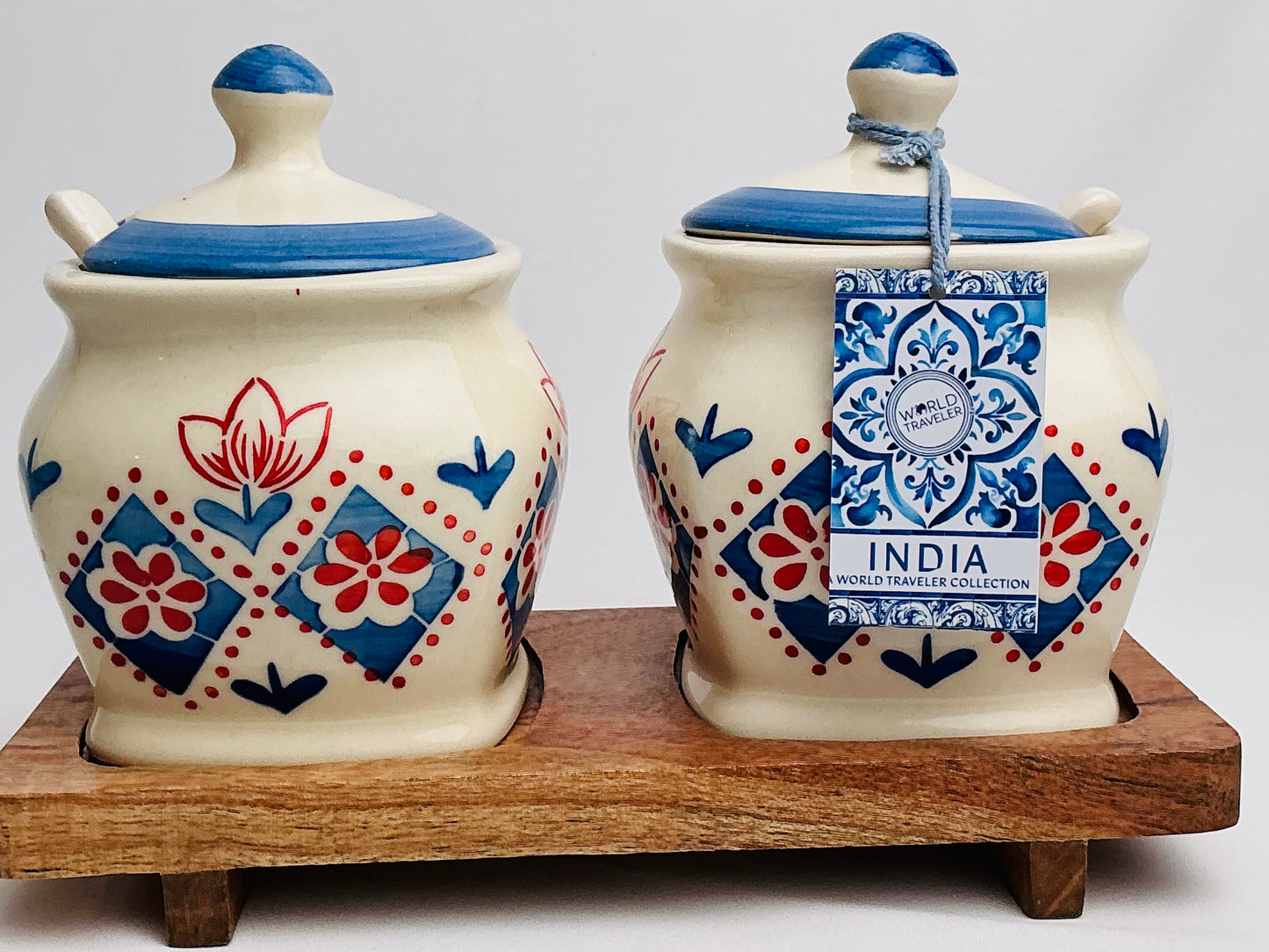 Pair of Hand-Painted Barni/pickle Jars w/ Spoons part of the World Traveler Collection ( multiple Designs)