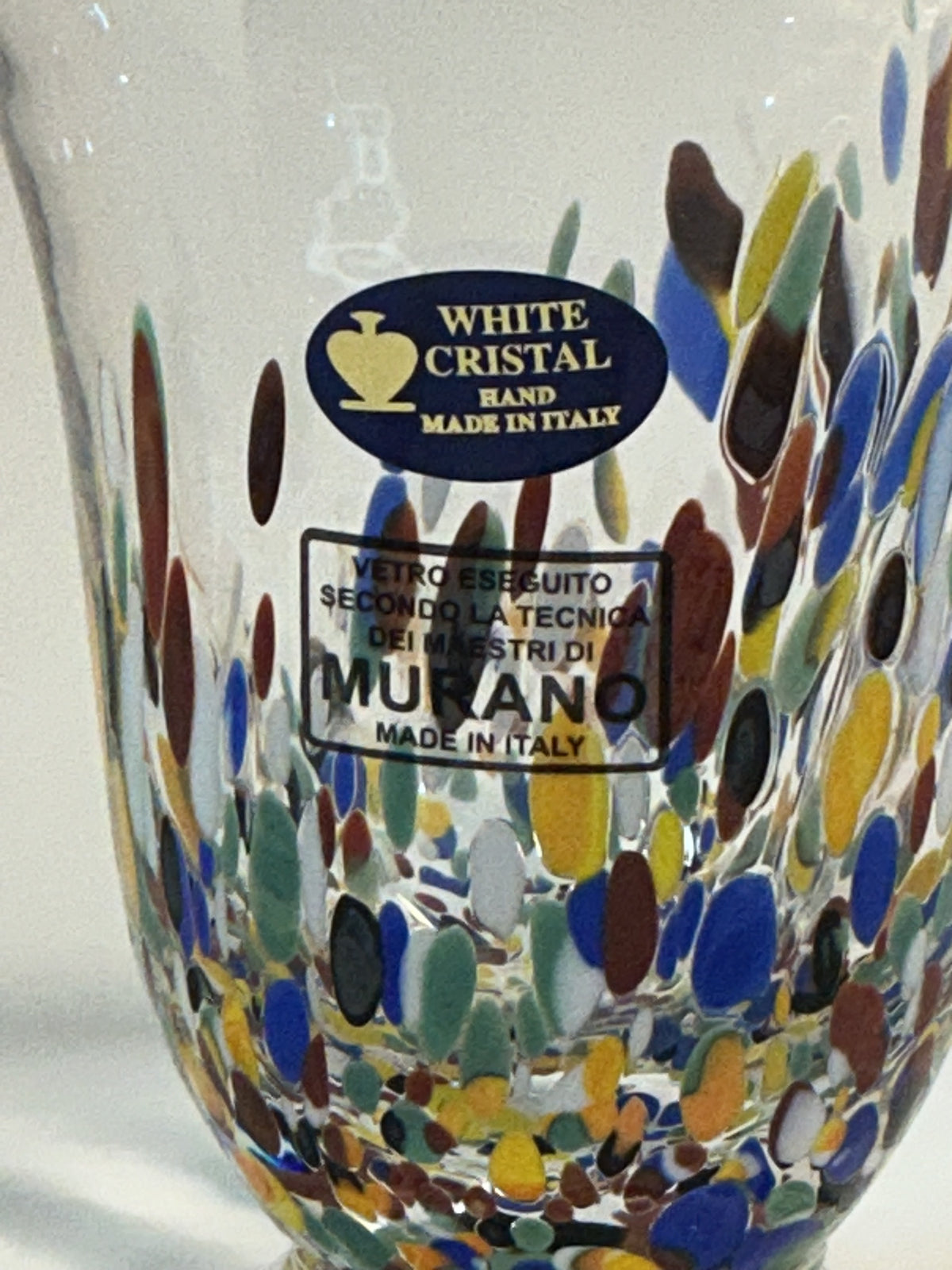 MURANO Style White Crystal Goblet multicolored glass fragments 10oz hand blown In Italy