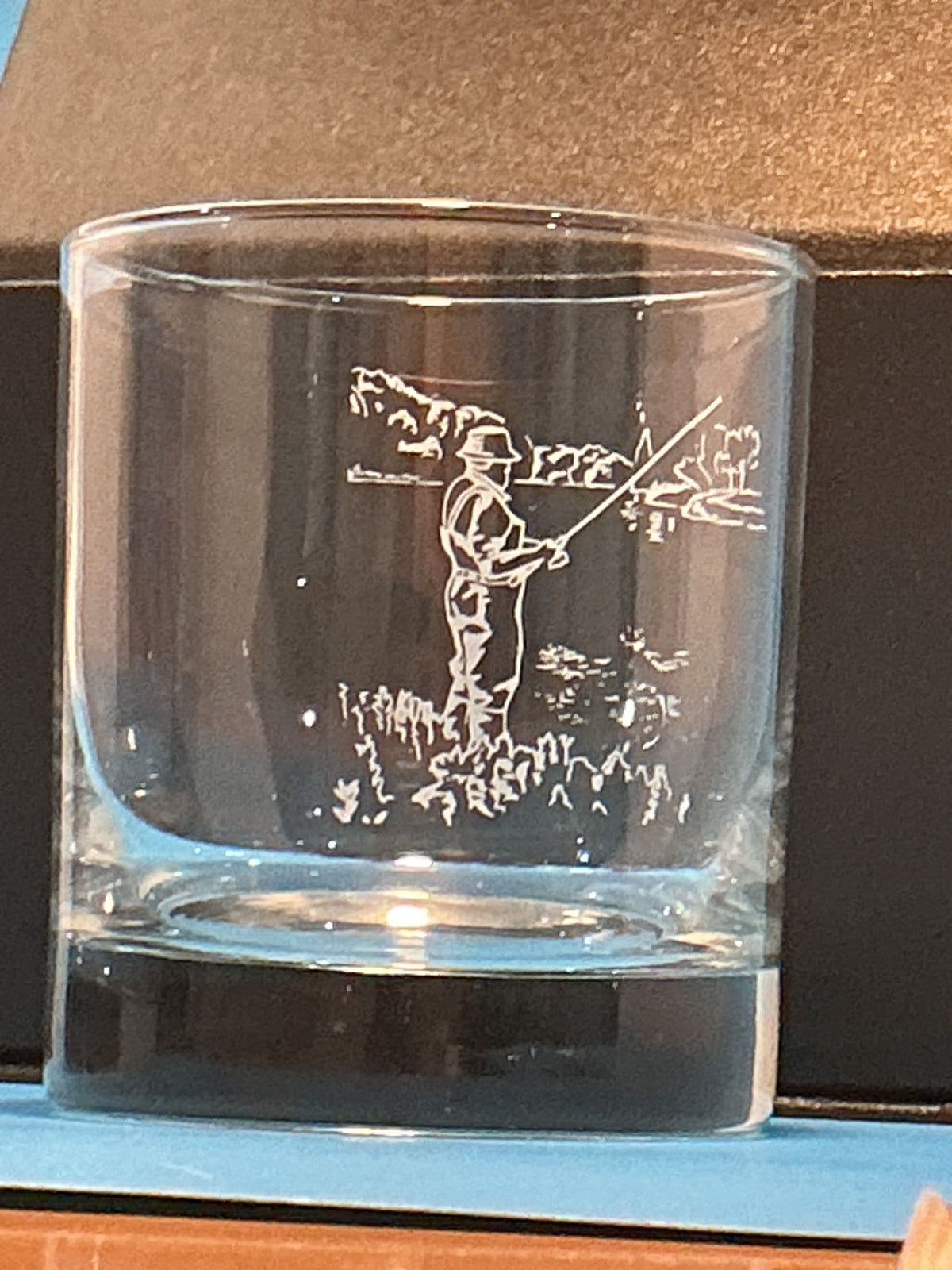 Selbrae House glass tumblers with Fishing Themed Etching of a person fly fishing set of 2 made in Scotland