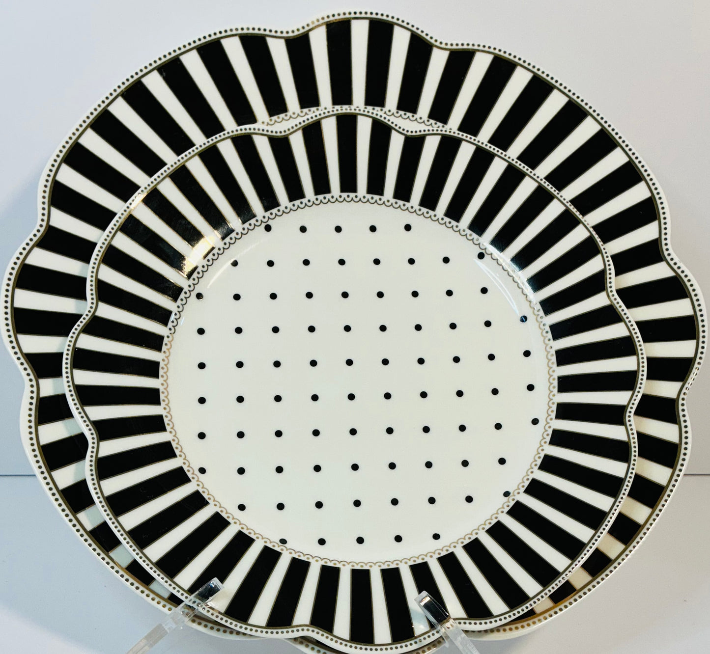 Grace’s Teaware Black & white Josephine Striped & Dots Collection, Set of 2 Plates ( 11” & 9”)