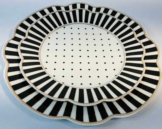 Grace’s Teaware Black & white Josephine Striped & Dots Collection, Set of 2 Plates ( 11” & 9”)