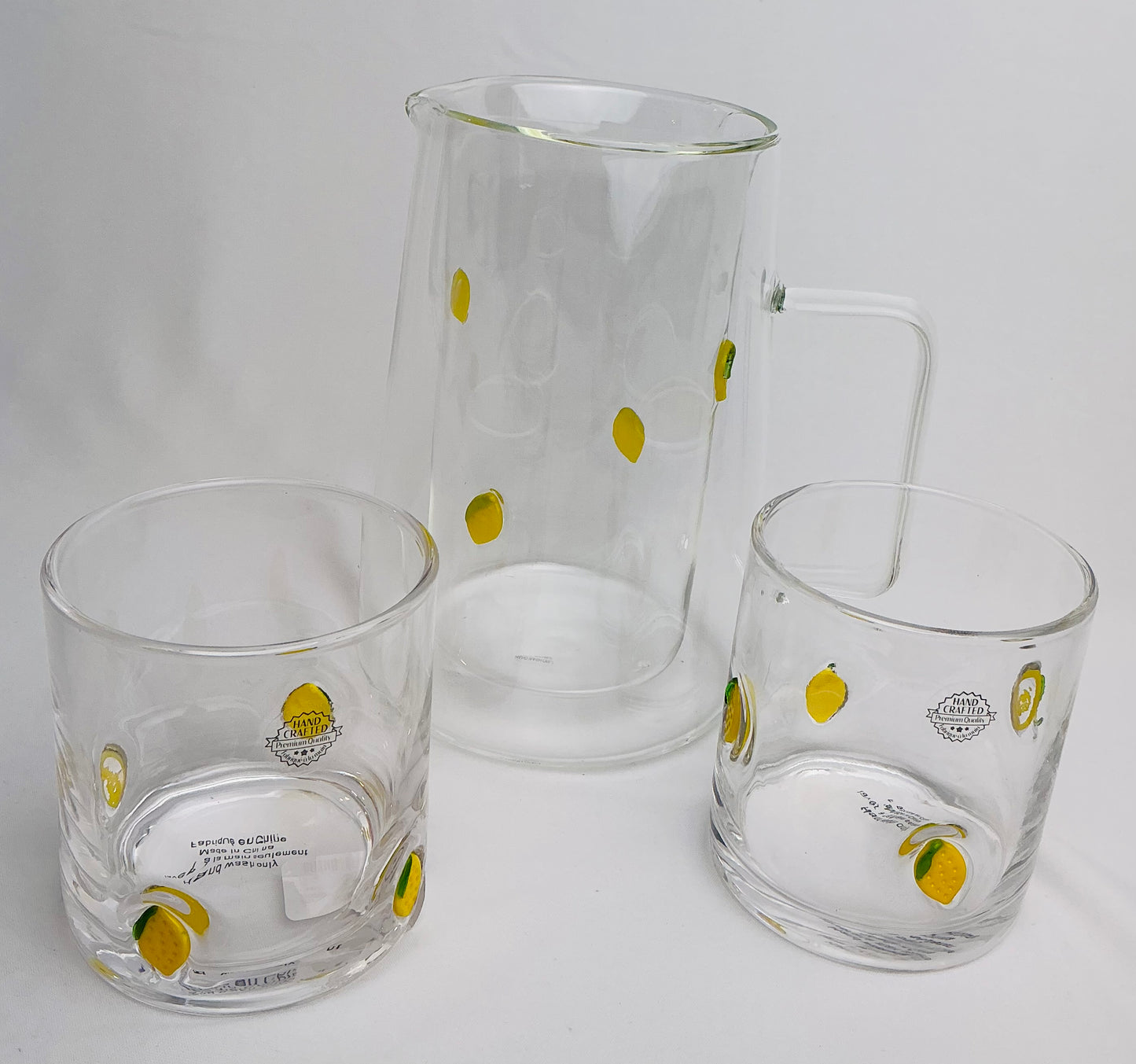 Anthropologie Dupe set of 3 including a Pitcher(7..75”)& 2 Tumblers lemon design, vintage