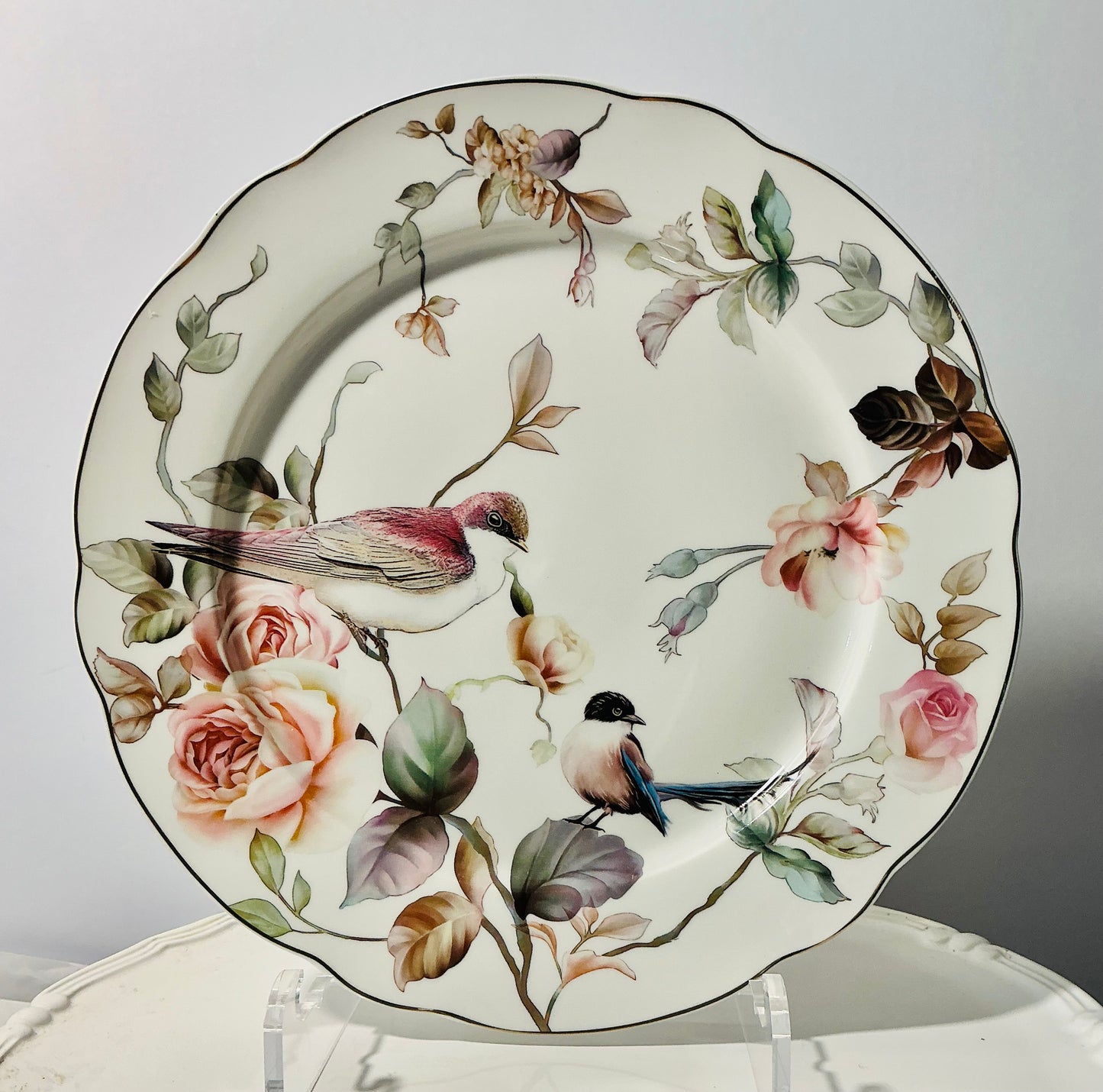 Grace Teaware fine porcelain dinner plate 10.3/4” featuring a pink magnolia bird design