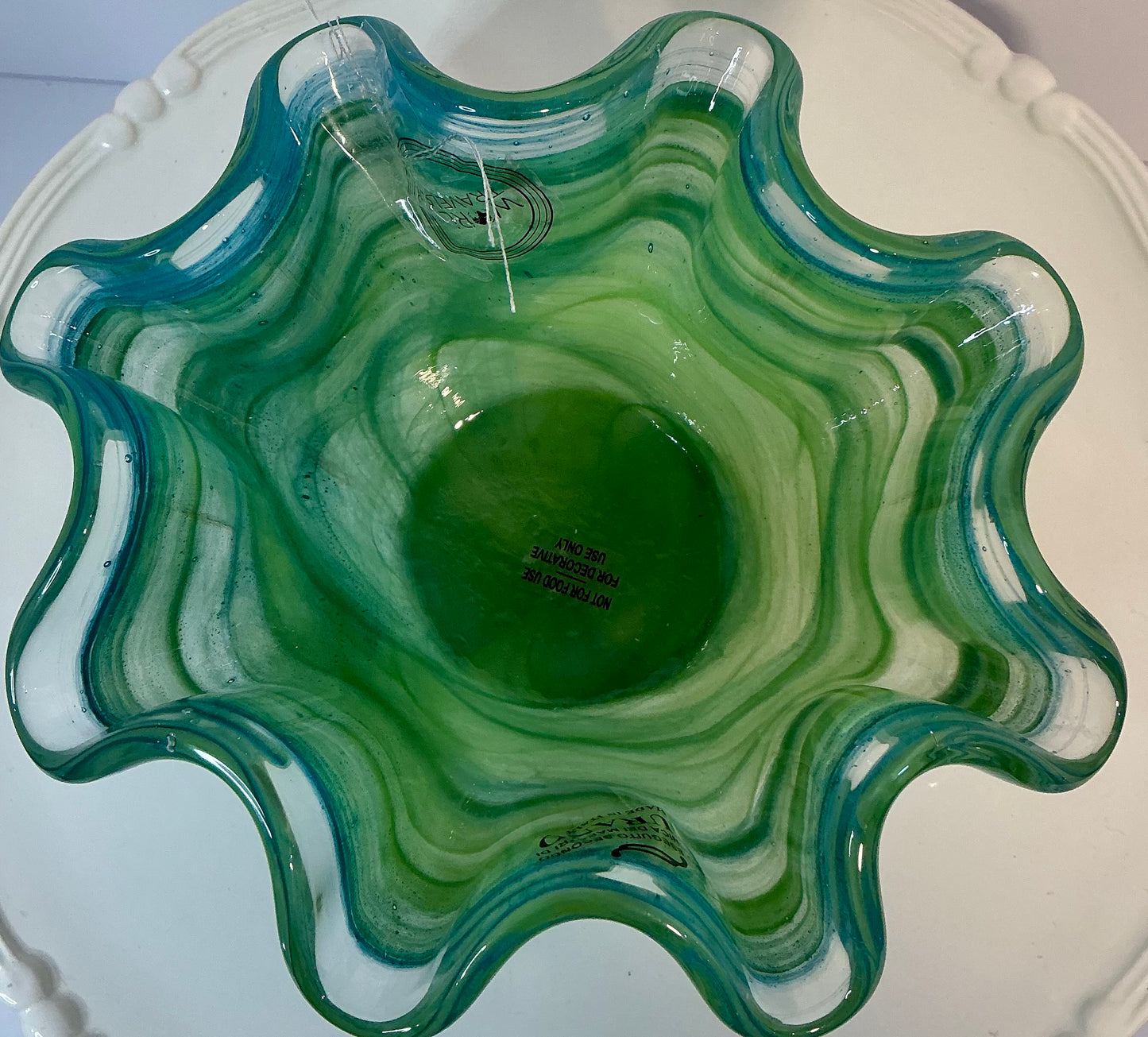 Murano Vetro Eseguito , handblown ruffled centerpiece, Vintage, Made in Italy.
