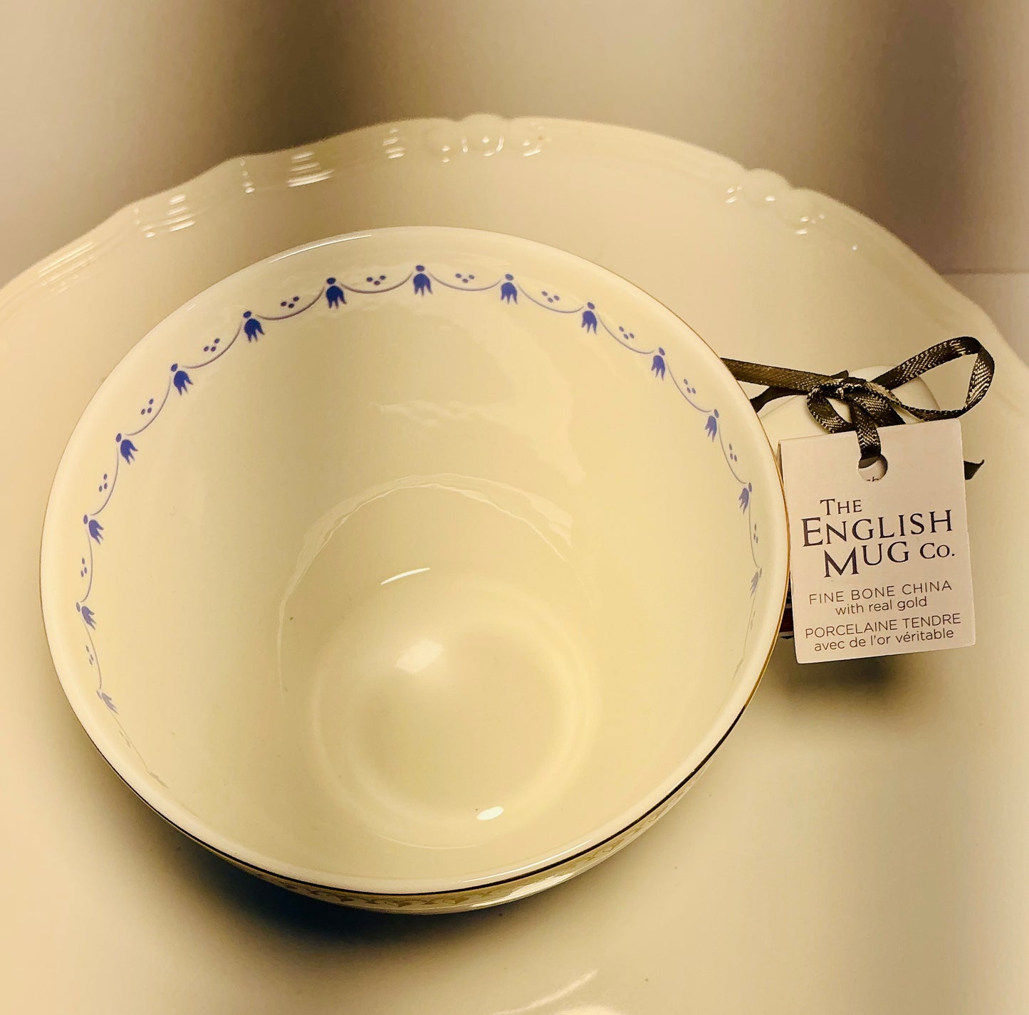 The English Mug co.Old Pottery Bone In China Blue Gold Boho Design