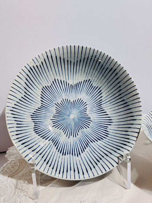 Japanese Tokusa Sunburst Stripe Ceramic Bowl Set of 2 with Chopsticks | 7.75" | Made in Japan