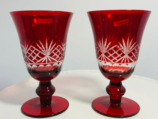 Godinger Set of 2 Vintage Ruby Red Bohemian cut-to-clear crystal for Wine or Cordial 5.5” Tall