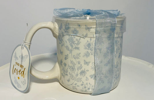 Sunday Morning Ceramics, flowers patterns large mug w/blue ribbon & tag that reads “you are loved”