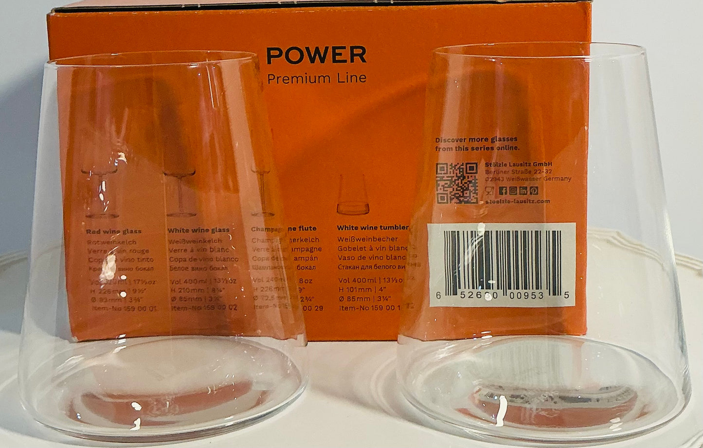 Stôlzle Lausitz Power Collection 13.5 stemless crystal White Wine Set of 2 Tumblers made in Germany