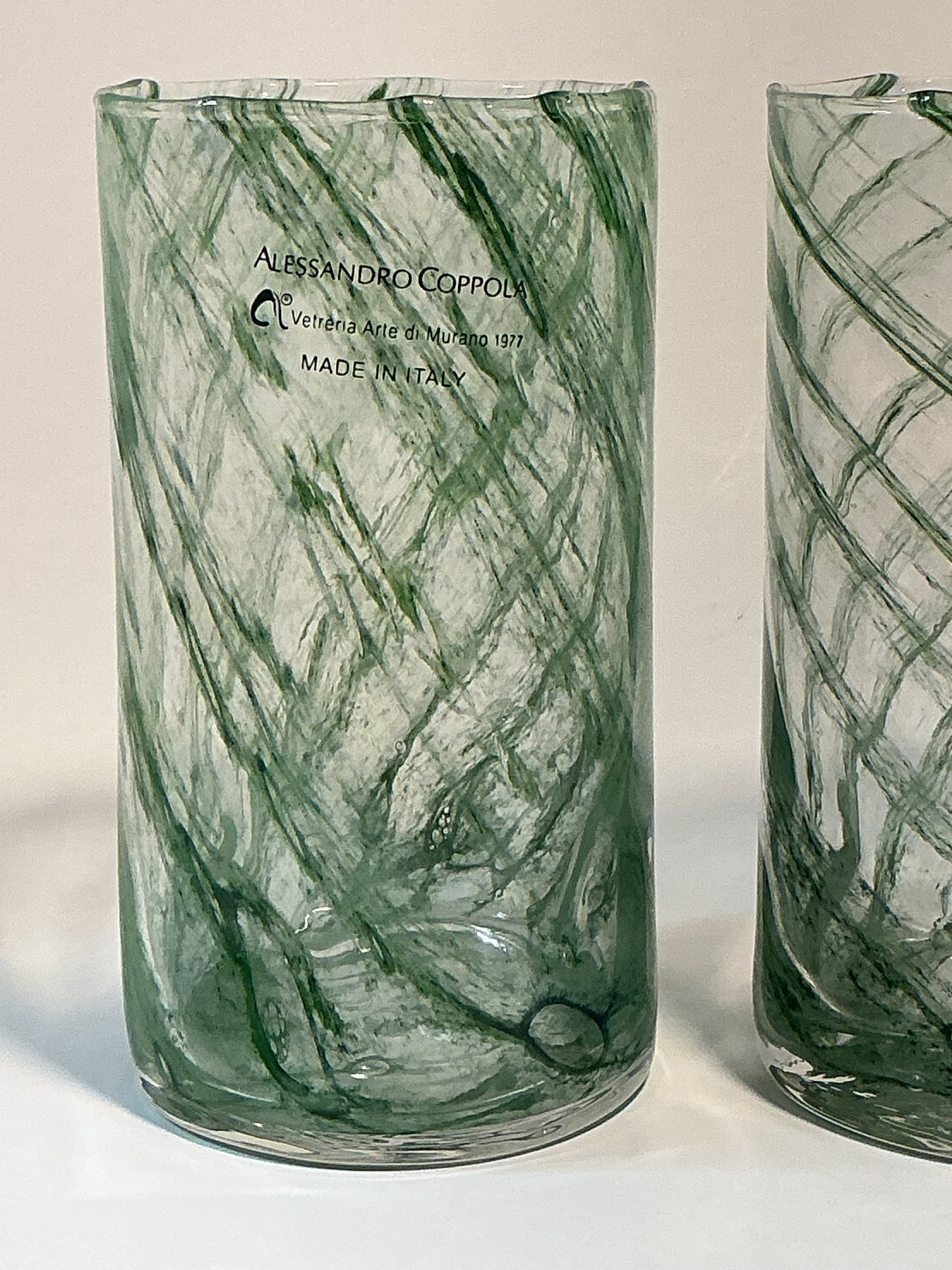Set of 2 Arte Di Murano Green swirls Tumblers by Alessandro Coppola 16oz.Made in Italy
