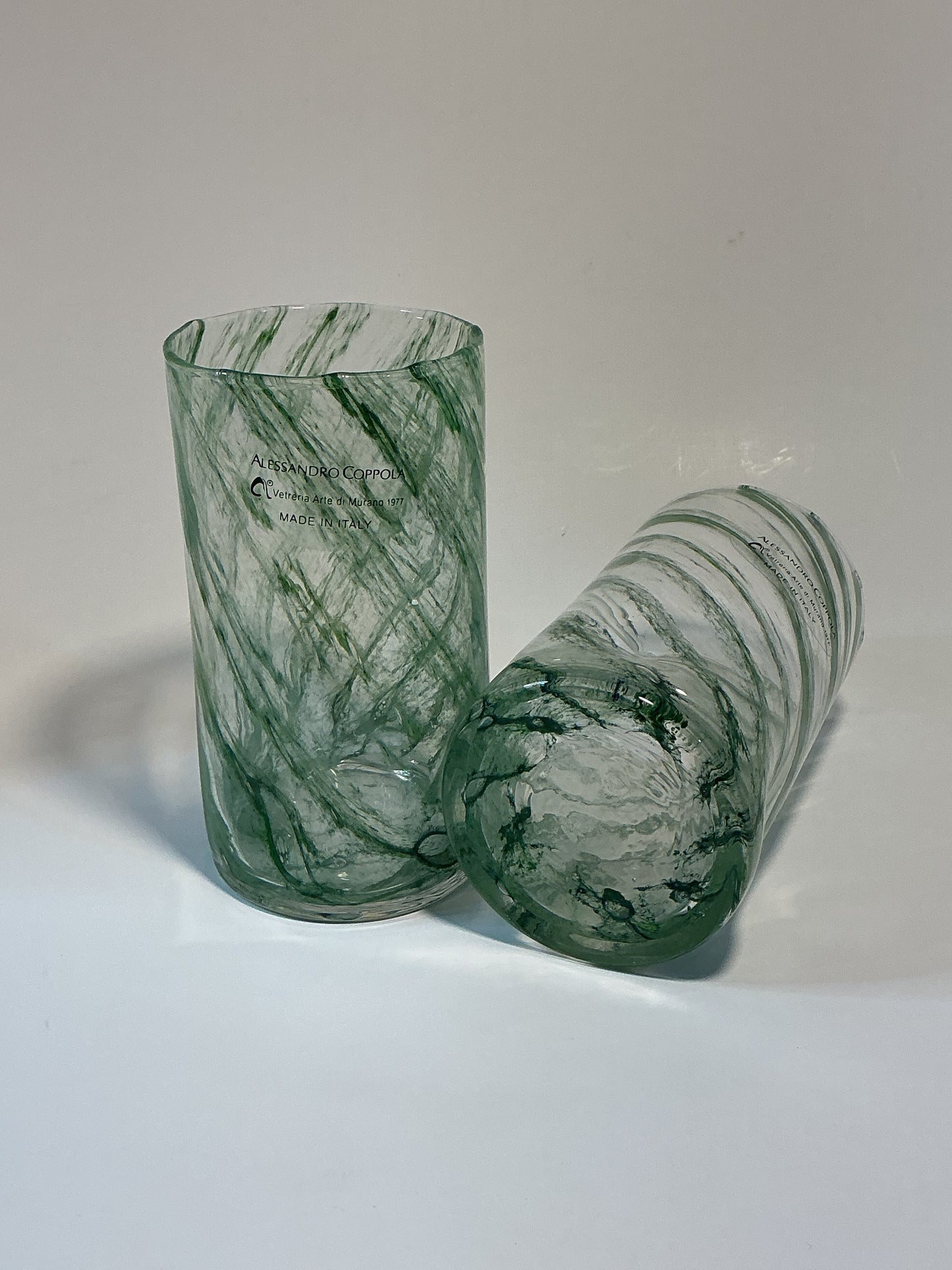 Set of 2 Arte Di Murano Green swirls Tumblers by Alessandro Coppola 16oz.Made in Italy