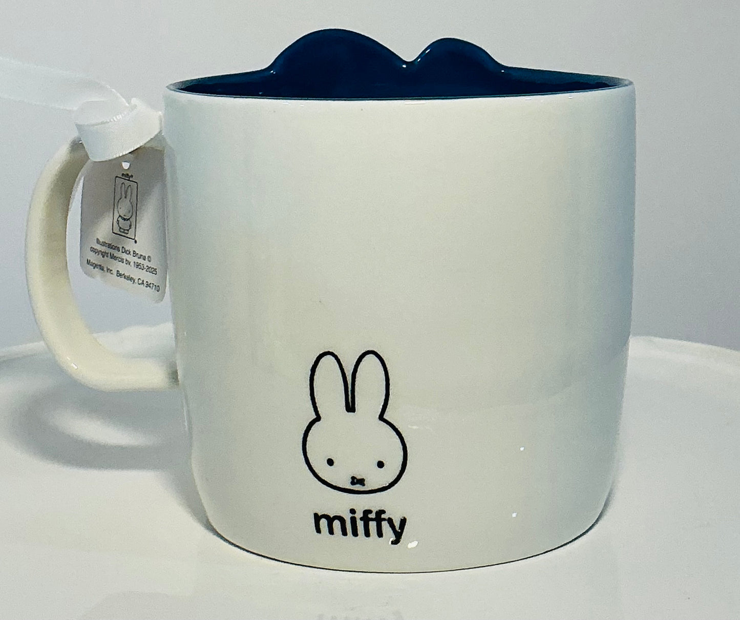 MIFFY By Magenta Bunny Rabbit holding a balloon 18oz large ceramic mug w/Blue interior