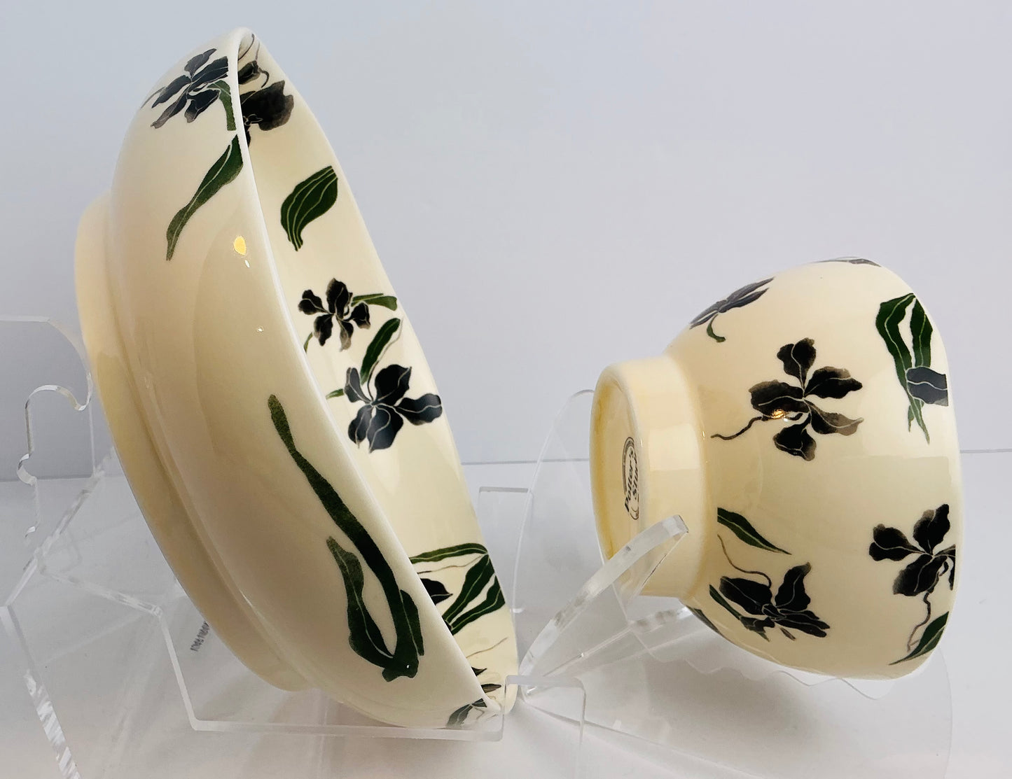 Potter’s Studio Black & Green Iris Botanical Collection Cereal/Soup Bowl Set 8” x 2.5” and 5” x 3”