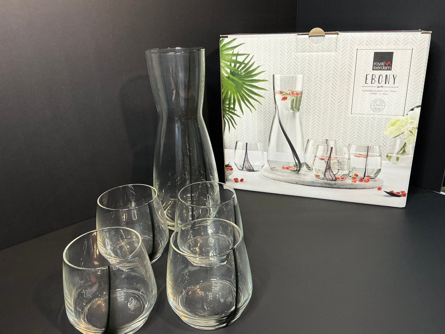 Royal Leedarm Ebony Decanter and Water Glass Set , characterized by a Unique Black Waves Design, carafe and 4 drinking glasses 12.5oz
