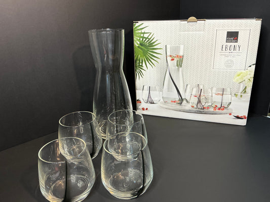 Royal Leedarm Ebony Decanter and Water Glass Set , characterized by a Unique Black Waves Design, carafe and 4 drinking glasses 12.5oz