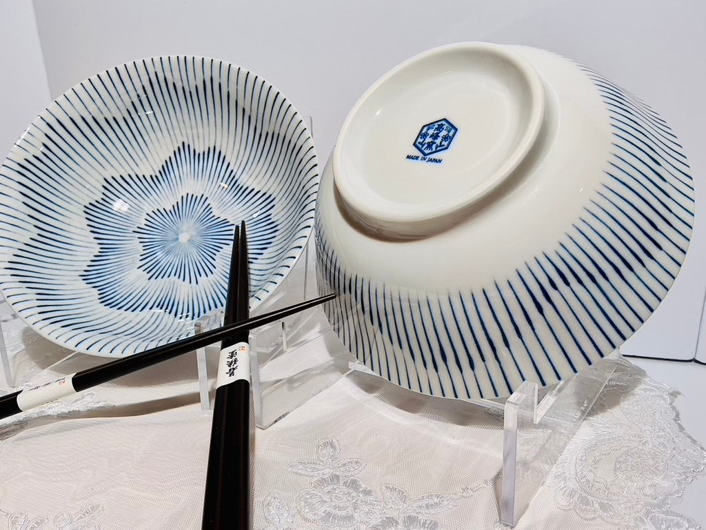 Japanese Tokusa Sunburst Stripe Ceramic Bowl Set of 2 with Chopsticks | 7.75" | Made in Japan
