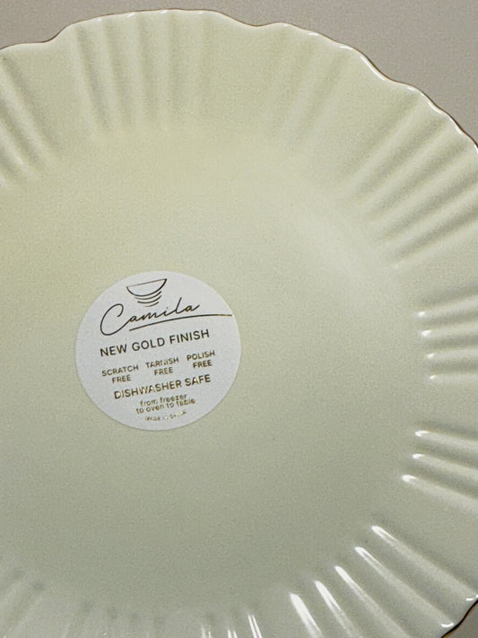 Camilla Scalloped Pale Yellow Dinner Plate with Gold Trim Freezer to Table 11”