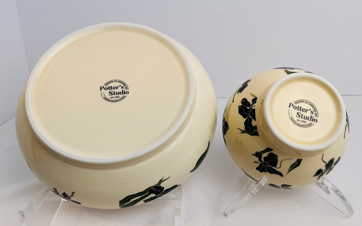 Potter’s Studio Black & Green Iris Botanical Collection Cereal/Soup Bowl Set 8” x 2.5” and 5” x 3”