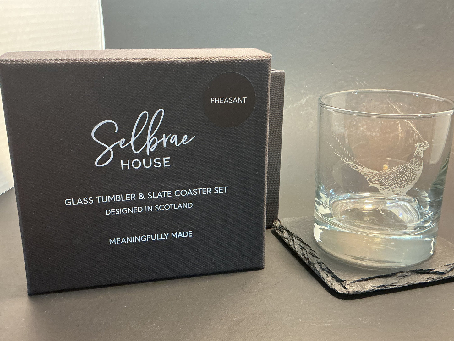 Selbrae House Pheasant Whisky Glass and Coaster Gift Set Made in Scotland , Meaningfully Made