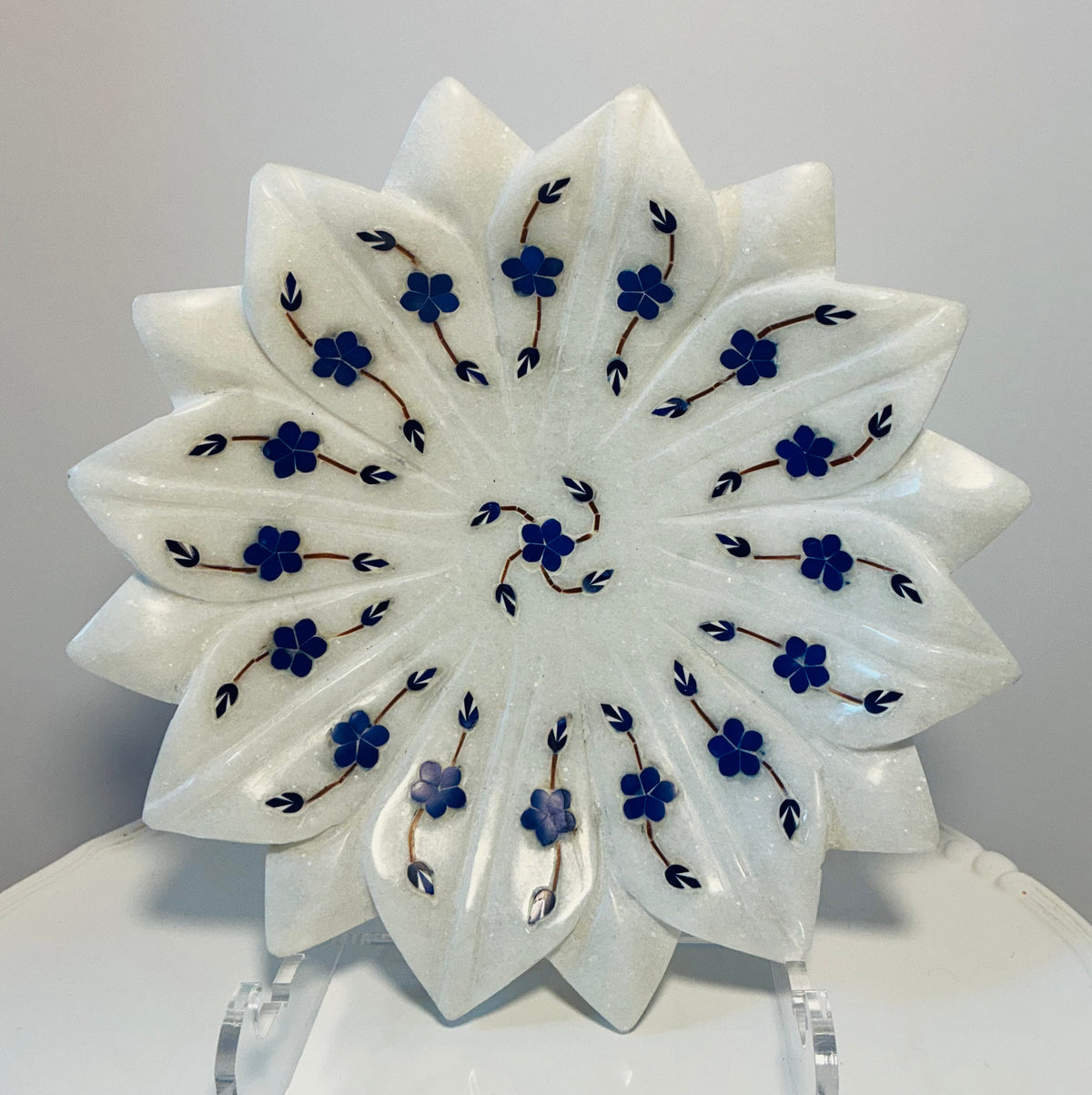 Lotus Inlay Marble Plate or Kamal Plate 9” Hand-Carved White Marble Bowl with Floral Lapis & Semi-Precious Stone Inlay Made in India