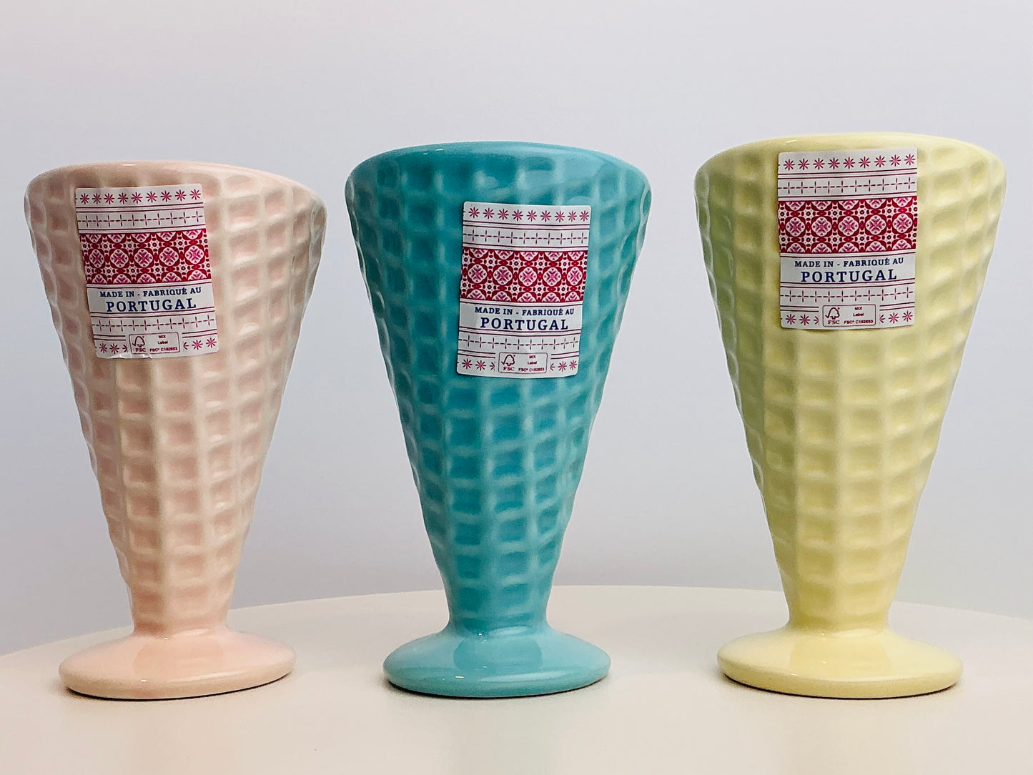 Pastel Ice Cream Sundae Cup OR Waffle Texture Glass Made in Portugal Pink Blue Yellow 4.75”