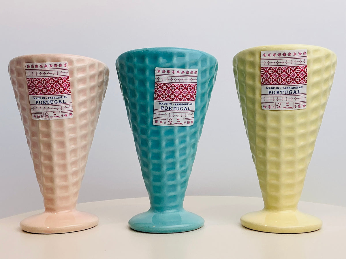 Pastel Ice Cream Sundae Cup OR Waffle Texture Glass Made in Portugal Pink Blue Yellow 4.75”