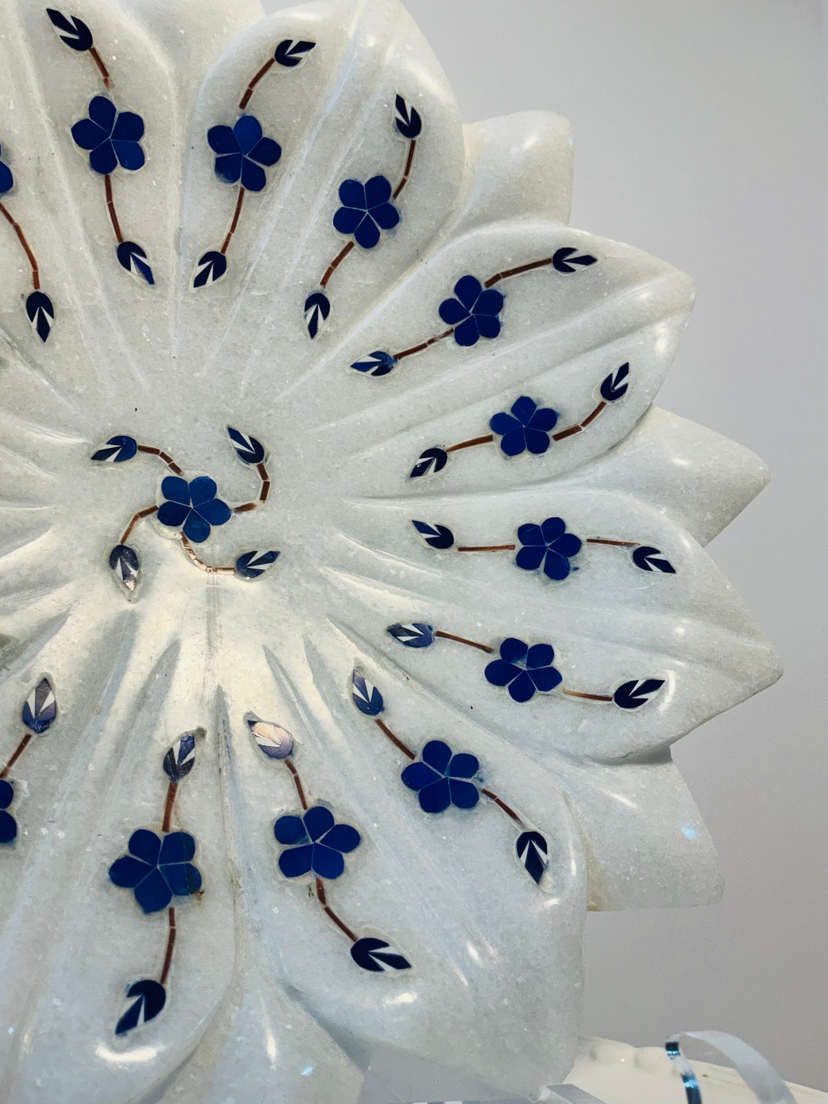 Lotus Inlay Marble Plate or Kamal Plate 9” Hand-Carved White Marble Bowl with Floral Lapis & Semi-Precious Stone Inlay Made in India