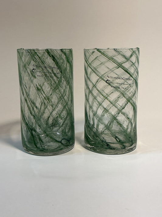 Set of 2 Arte Di Murano Green swirls Tumblers by Alessandro Coppola 16oz.Made in Italy