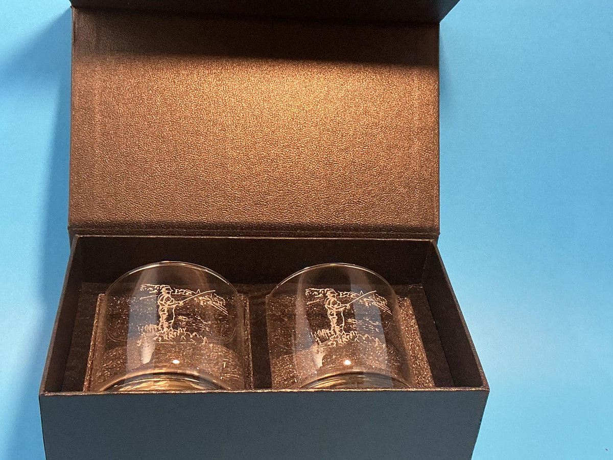 Selbrae House glass tumblers with Fishing Themed Etching of a person fly fishing set of 2 made in Scotland