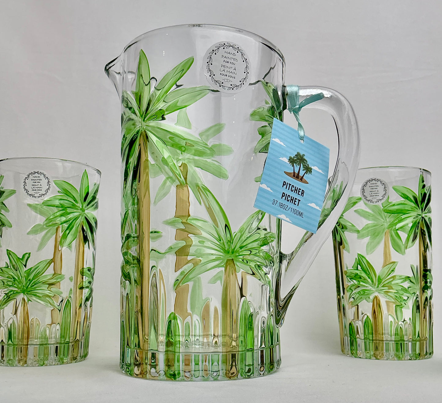 Retro Hand-Painted Tropical Palm Tree Glassware Set- 50fl oz- Pitcher & 4 or 6 Highball Glasses